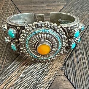 Vintage Tibetan Nepalese Sterling Silver Turquoise Coral Statement Cuff Bracelet